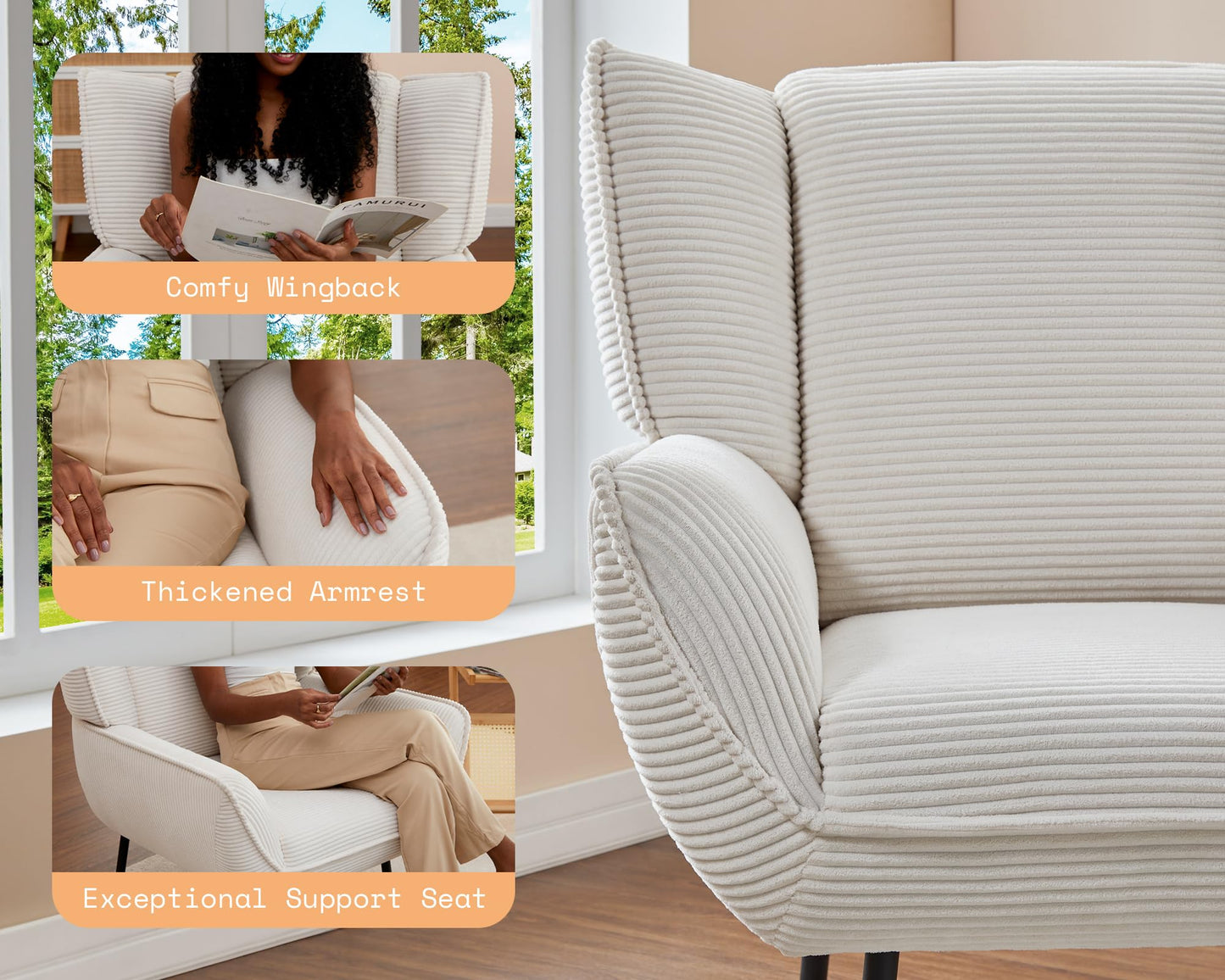 Accent Wingback Corduroy Chair of 4 - White