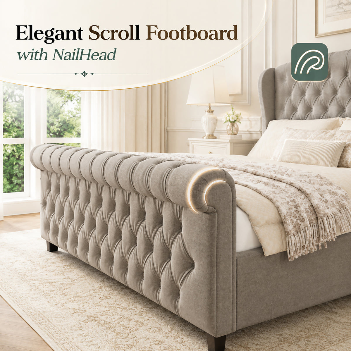 Bruco King Upholstered Sleigh Bed-Khaki