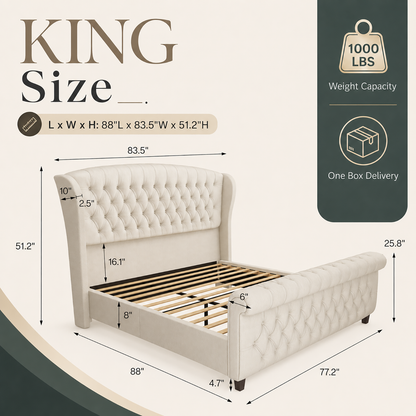 Bruco King Upholstered Sleigh Bed-Cream