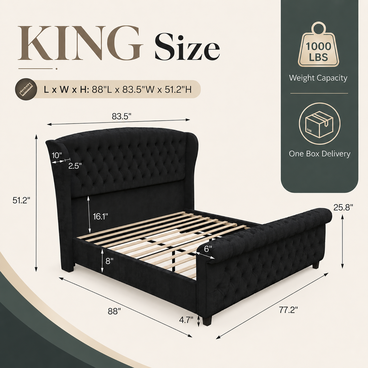Bruco King Upholstered Sleigh Bed-Black