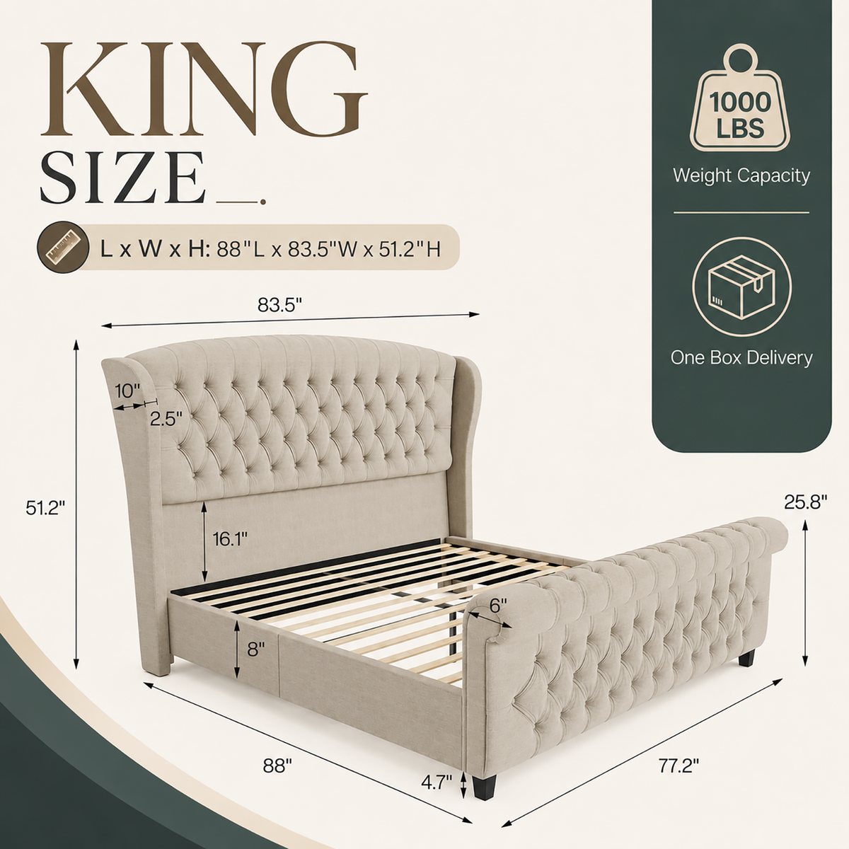 Bruco King Upholstered Sleigh Bed-Khaki