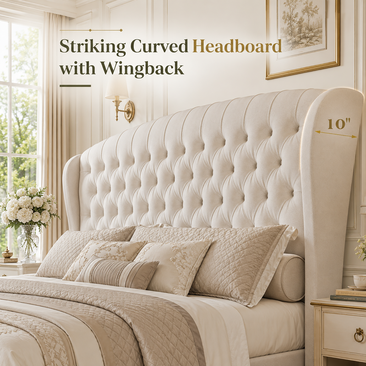 Bruco King Upholstered Sleigh Bed-Cream