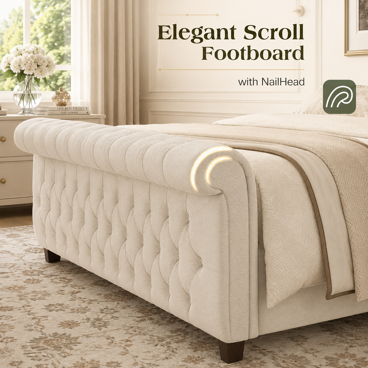 Bruco King Upholstered Sleigh Bed-Cream