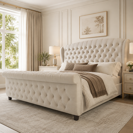 Bruco Queen Upholstered Bed Frame-Cream