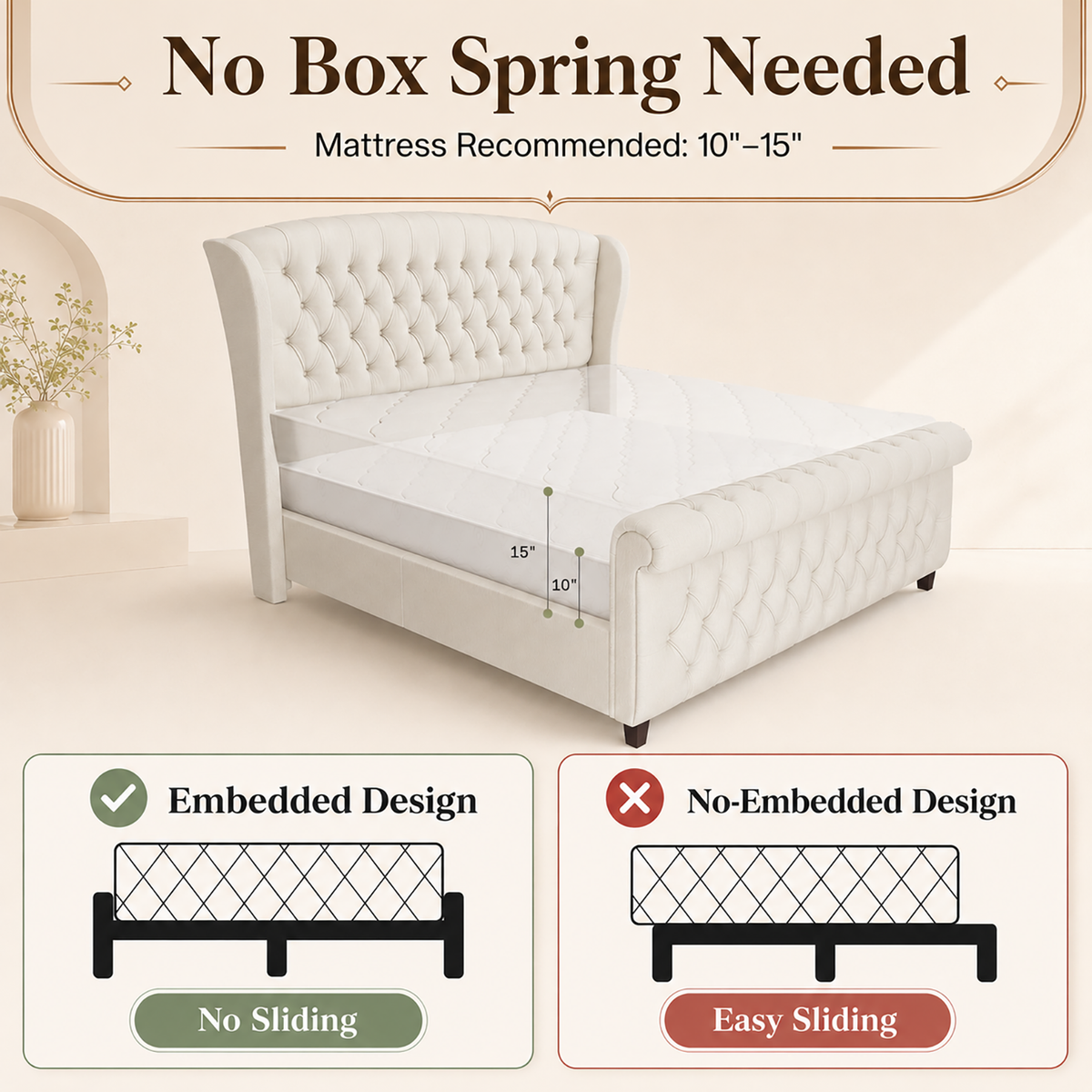 Bruco King Upholstered Sleigh Bed-Cream