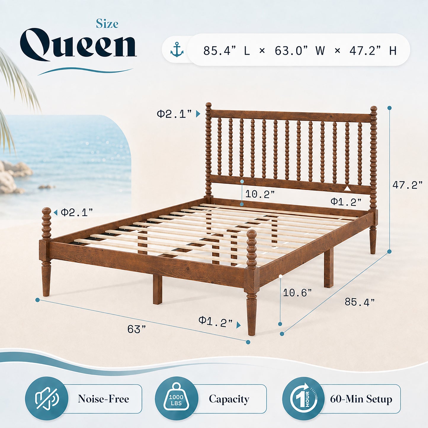 Classic Bobbin Solid Wood Bed Frame-Queen-Dark Walnut
