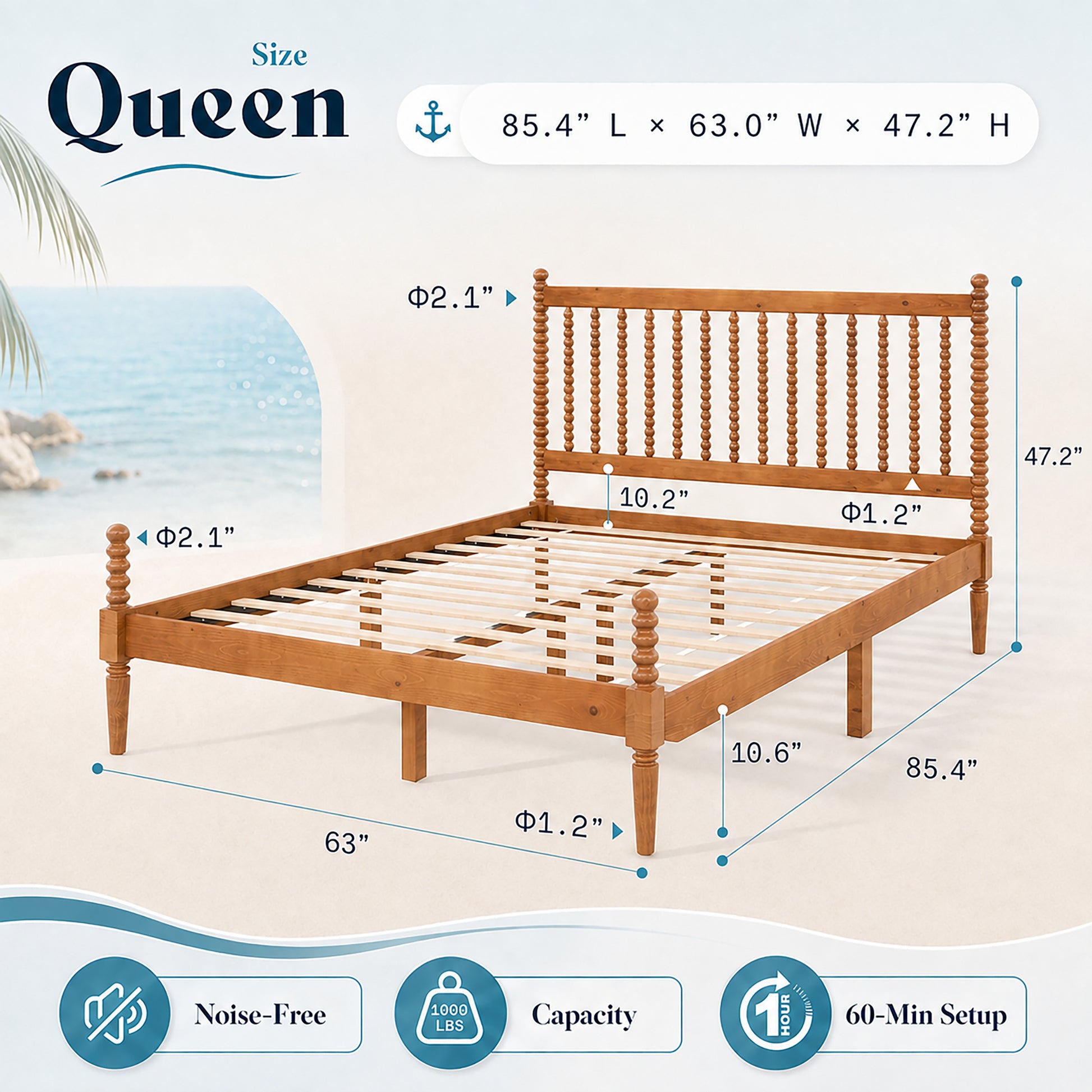 Classic Bobbin Solid Wood Bed Frame-Queen-Brown Walnut