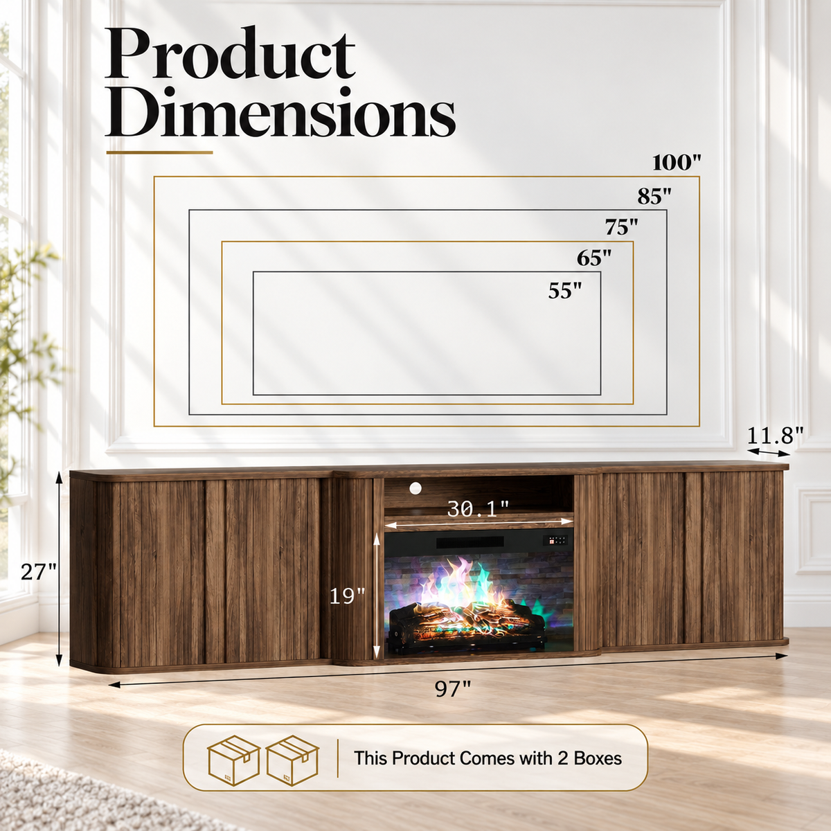 Arden Fluted Electric Fireplace TV Stand-90"-Warm Walnut