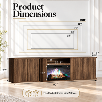 Arden Fluted Electric Fireplace TV Stand-90"-Warm Walnut