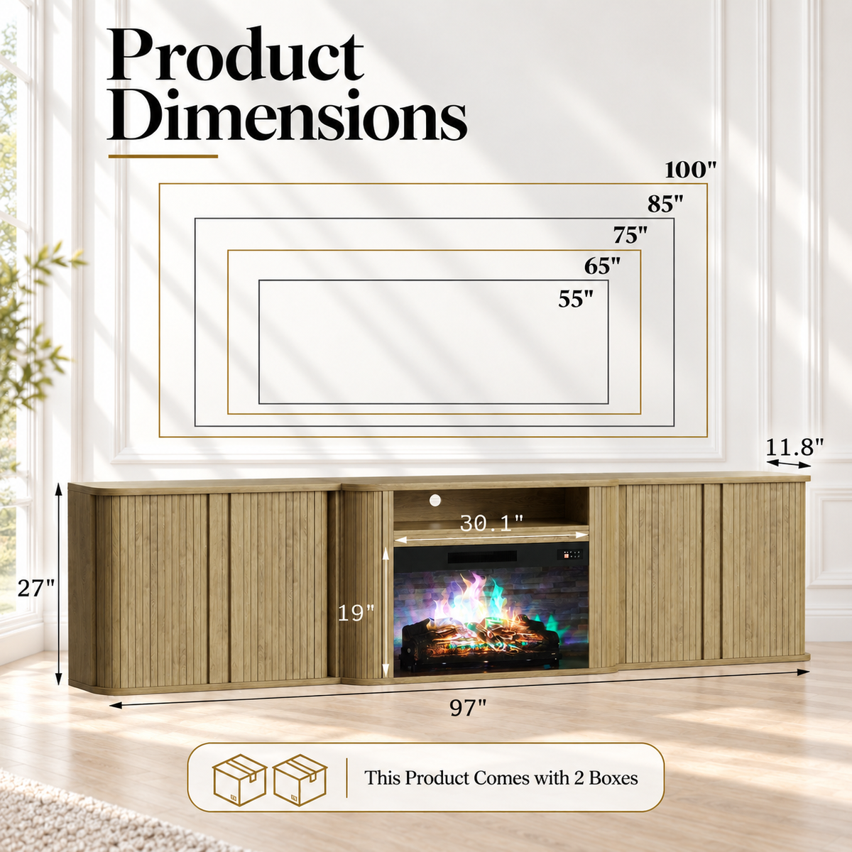 Arden Fluted Electric Fireplace TV Stand-90"-Natural Oak