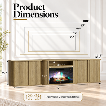 Arden Fluted Electric Fireplace TV Stand-90"-Natural Oak