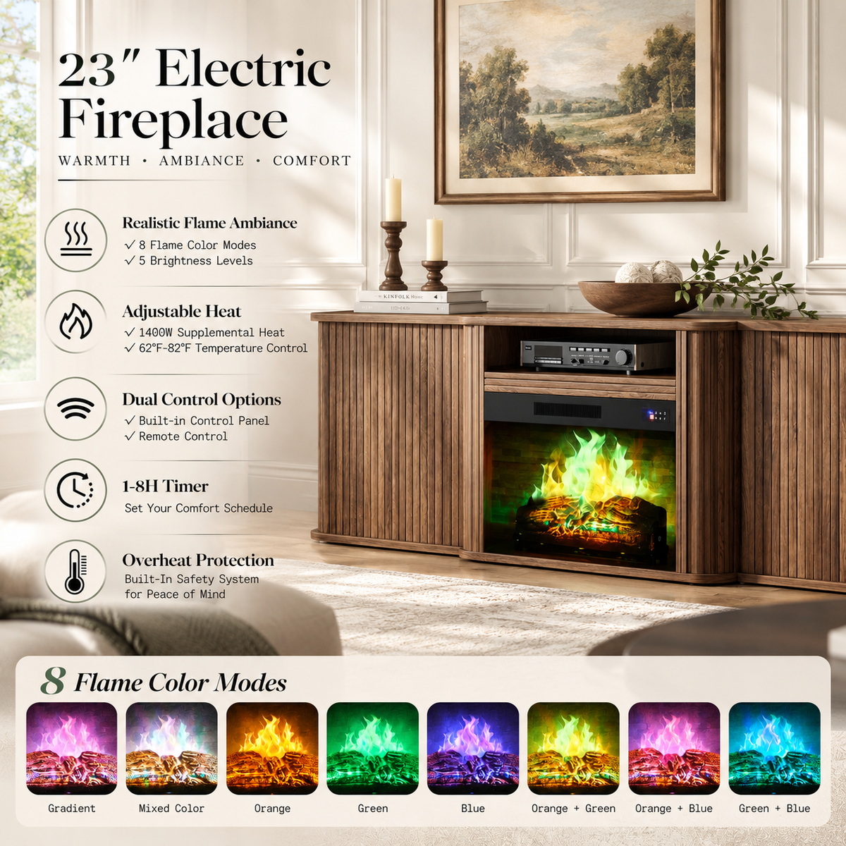 Arden Fluted Electric Fireplace TV Stand-70"-Warm Walnut
