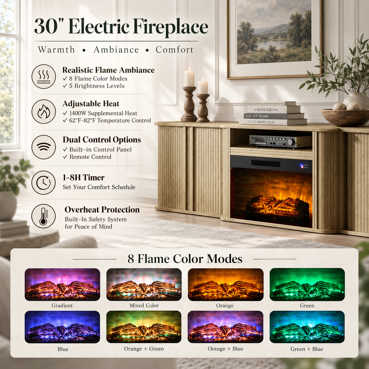 Arden Fluted Electric Fireplace TV Stand-90"-Natural Oak