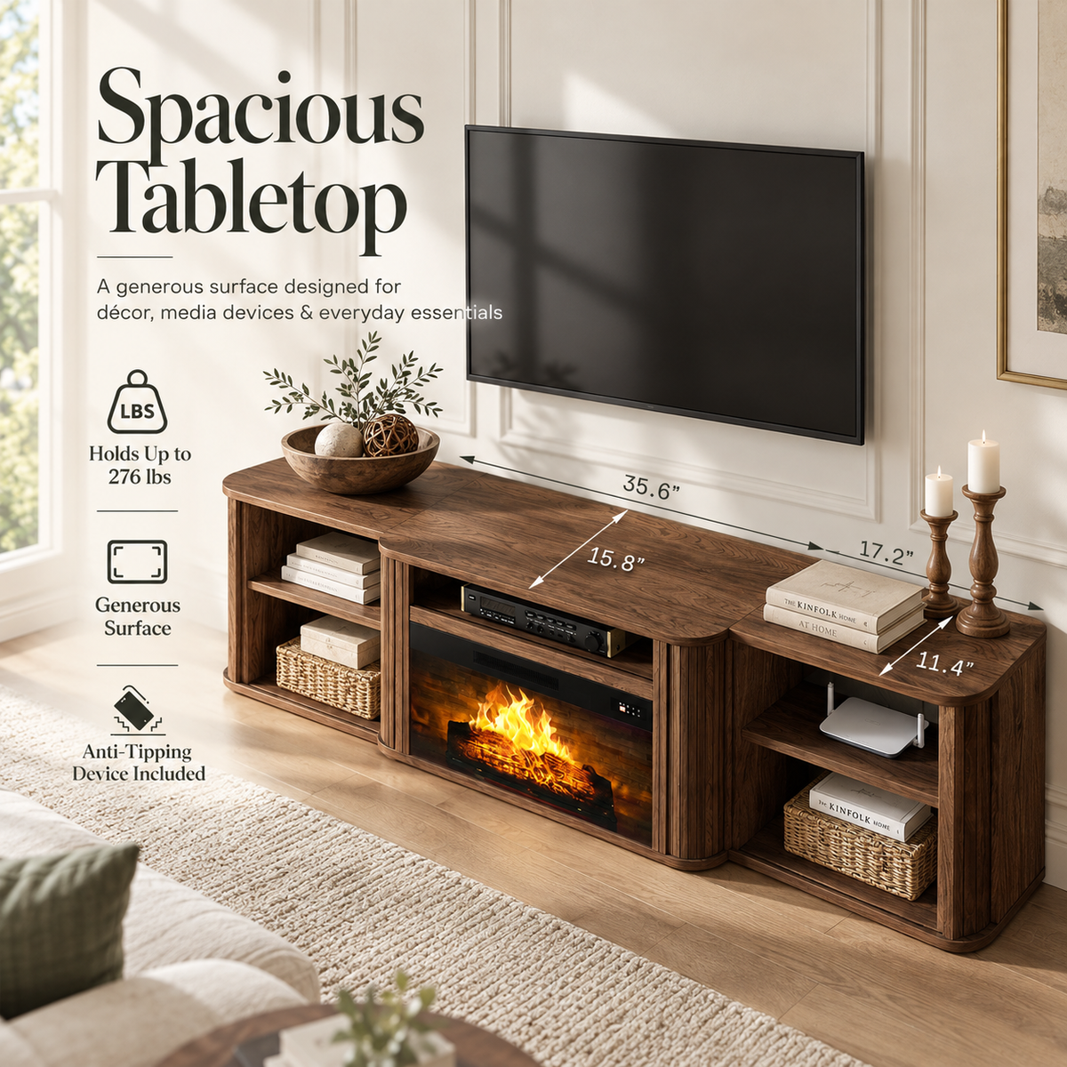 Arden Fluted Electric Fireplace TV Stand-70"-Warm Walnut