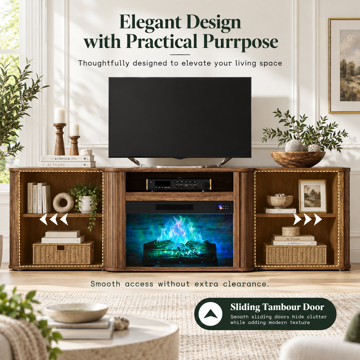 Arden Fluted Electric Fireplace TV Stand-70"-Warm Walnut