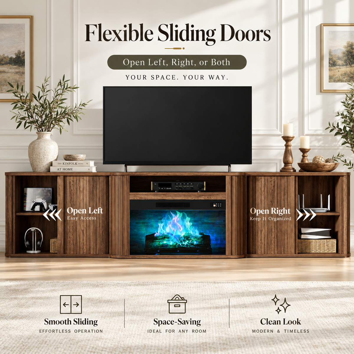 Arden Fluted Electric Fireplace TV Stand-90"-Warm Walnut