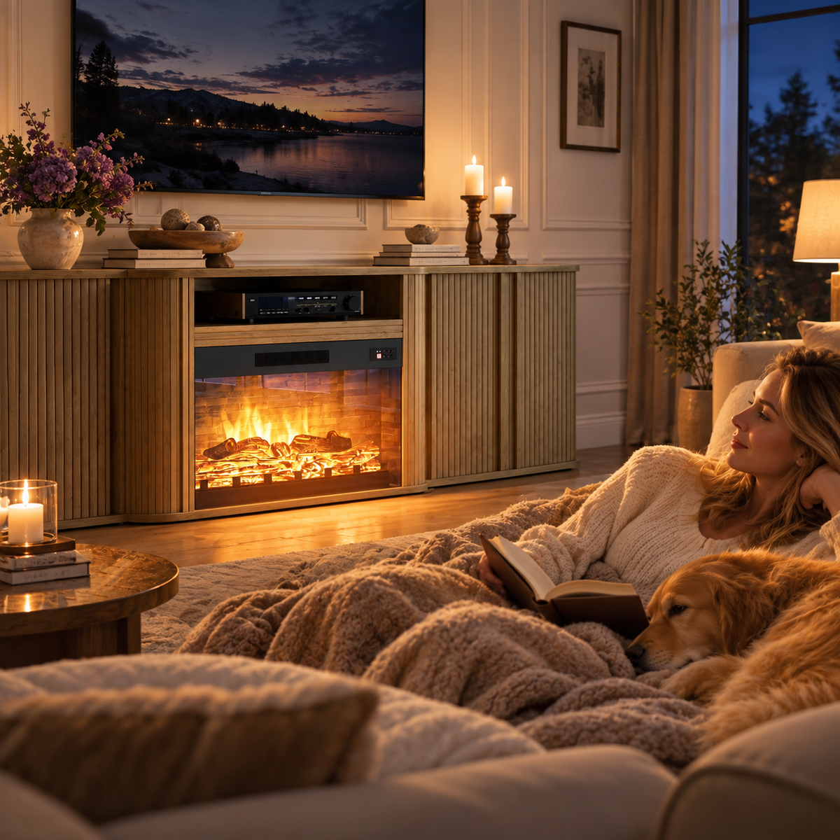 Arden Fluted Electric Fireplace TV Stand-90"-Natural Oak