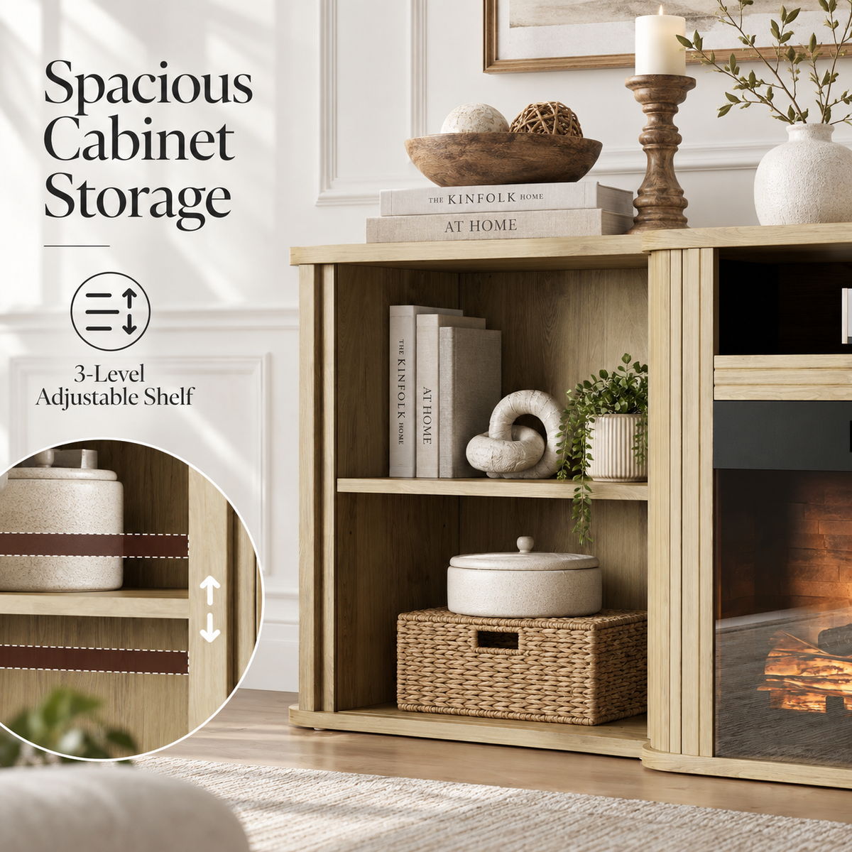 Arden Fluted Electric Fireplace TV Stand-70"-Natural Oak
