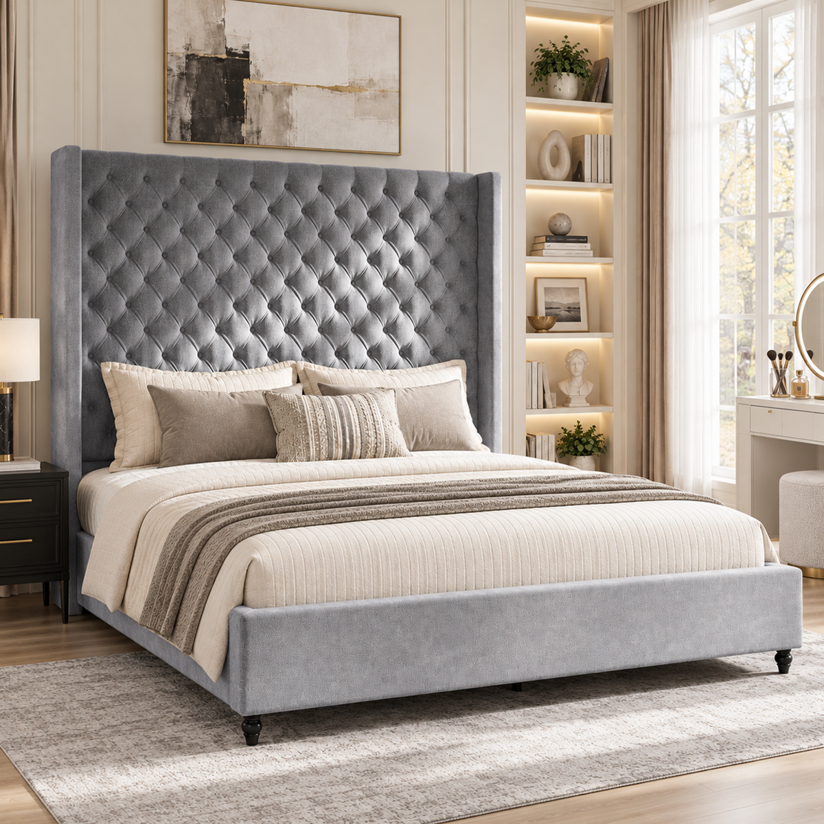 Cush Upholstered Bed Frame with Tall Wingback Headboard-King-Grey