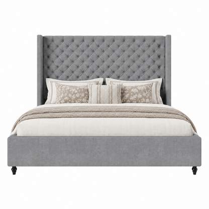 Cush Upholstered Bed Frame with Tall Wingback Headboard-Queen-Grey