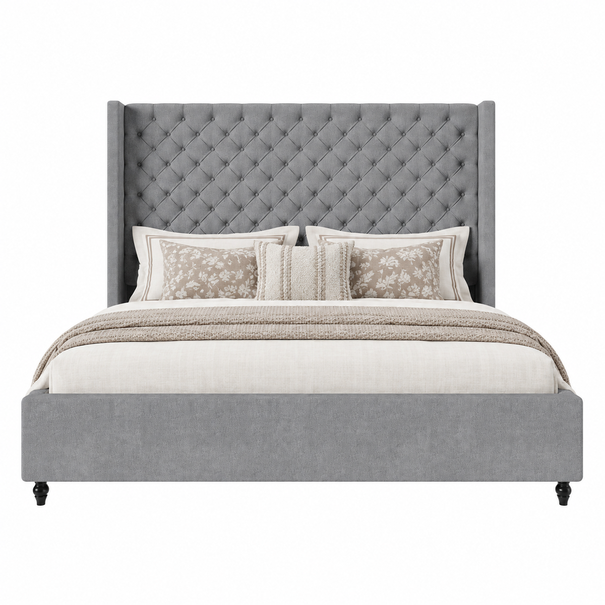 Cush Upholstered Bed Frame with Tall Wingback Headboard-King-Grey