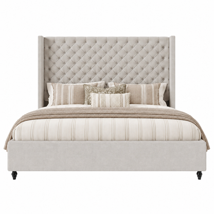 Cush Upholstered Bed Frame with Tall Wingback Headboard-Queen-Ash White