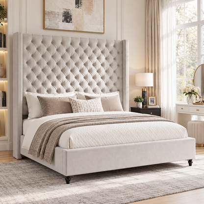 Cush Upholstered Bed Frame with Tall Wingback Headboard-Queen-Ash White