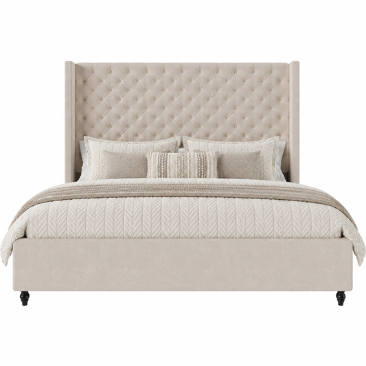 Cush Upholstered Bed Frame with Tall Wingback Headboard-Queen-Cream