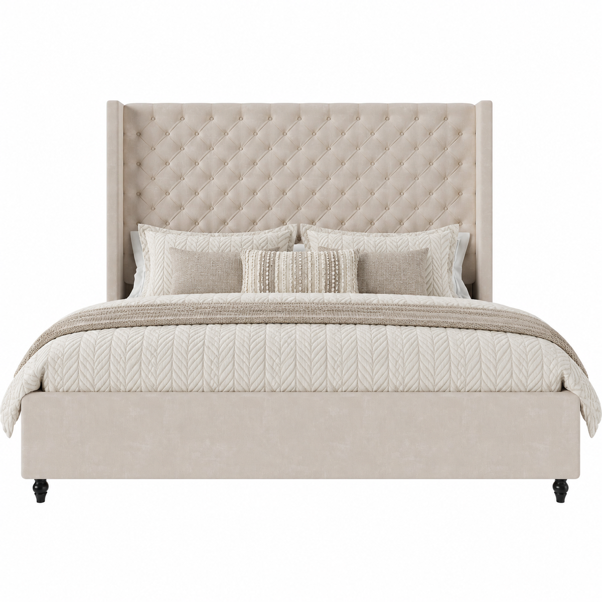 Cush Upholstered Bed Frame with Tall Wingback Headboard-King-Cream