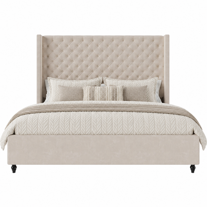 Cush Upholstered Bed Frame with Tall Wingback Headboard-King-Cream
