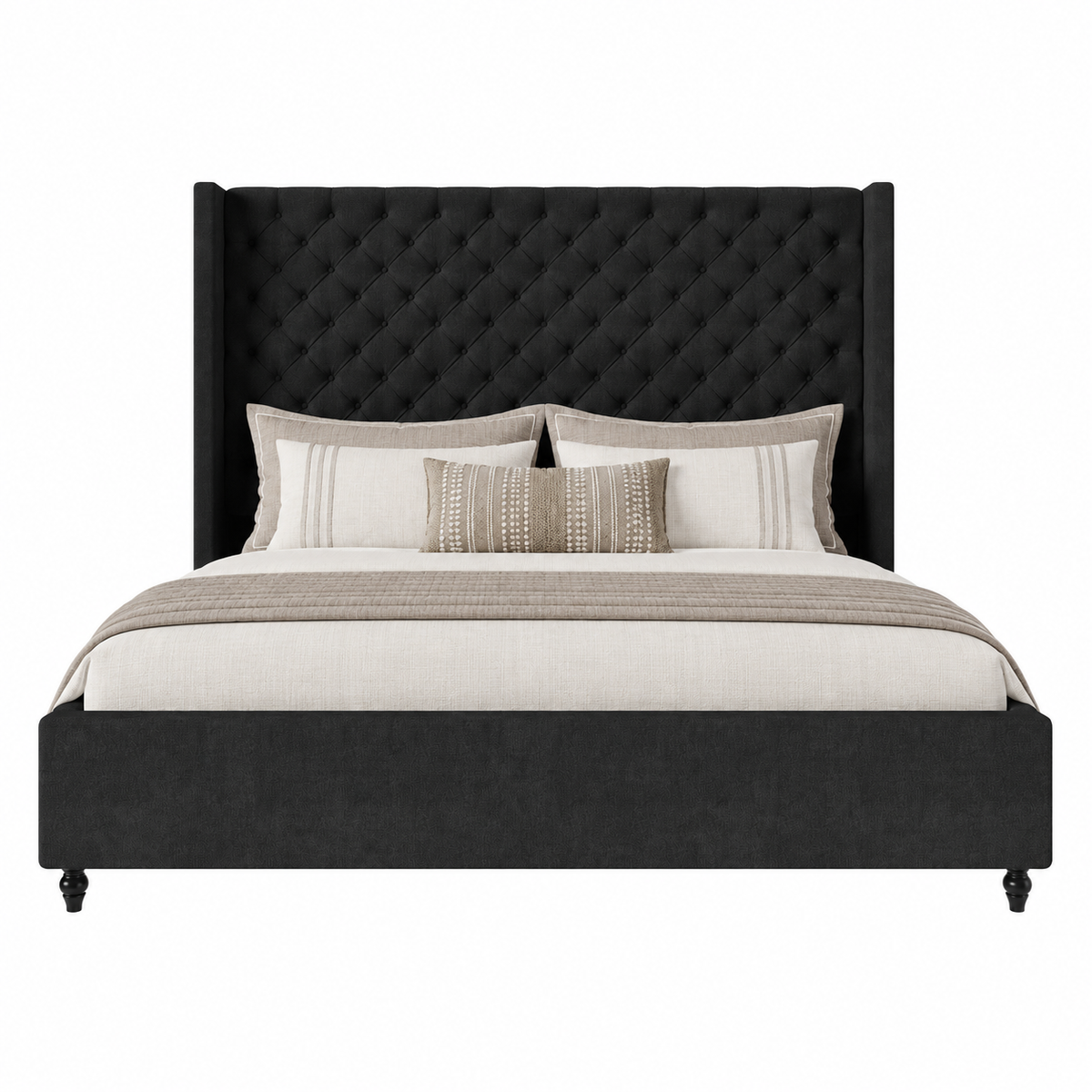 Cush Upholstered Bed Frame with Tall Wingback Headboard-King-Ash White