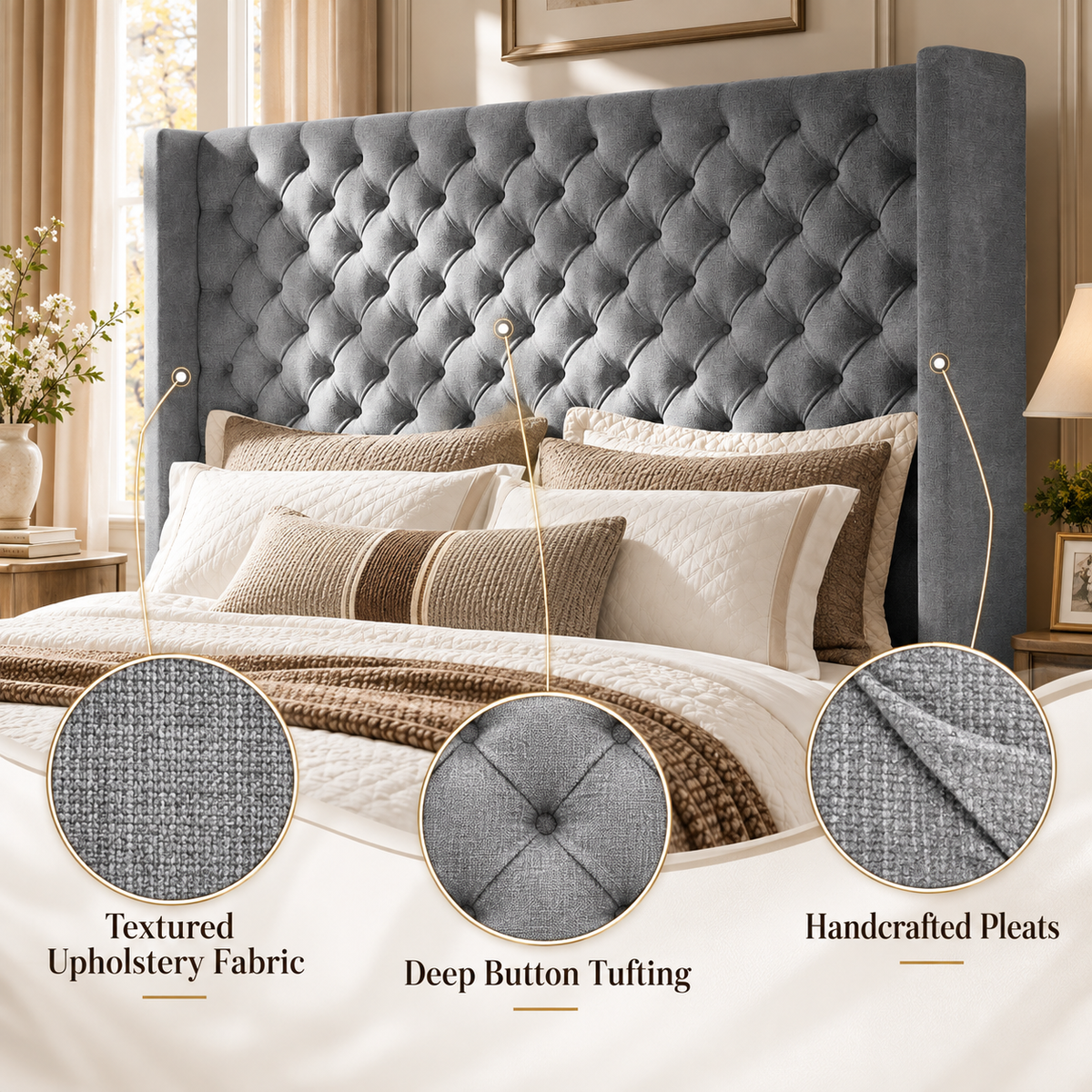 Cush Upholstered Bed Frame with Tall Wingback Headboard-California King-Grey