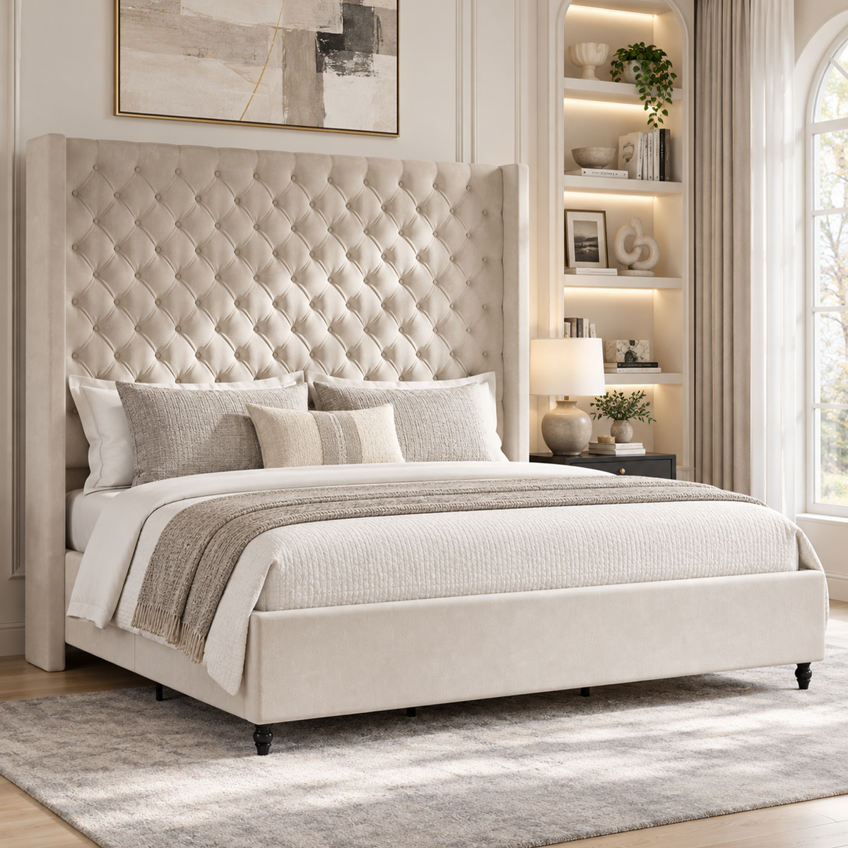 Cush Upholstered Bed Frame with Tall Wingback Headboard-King-Cream