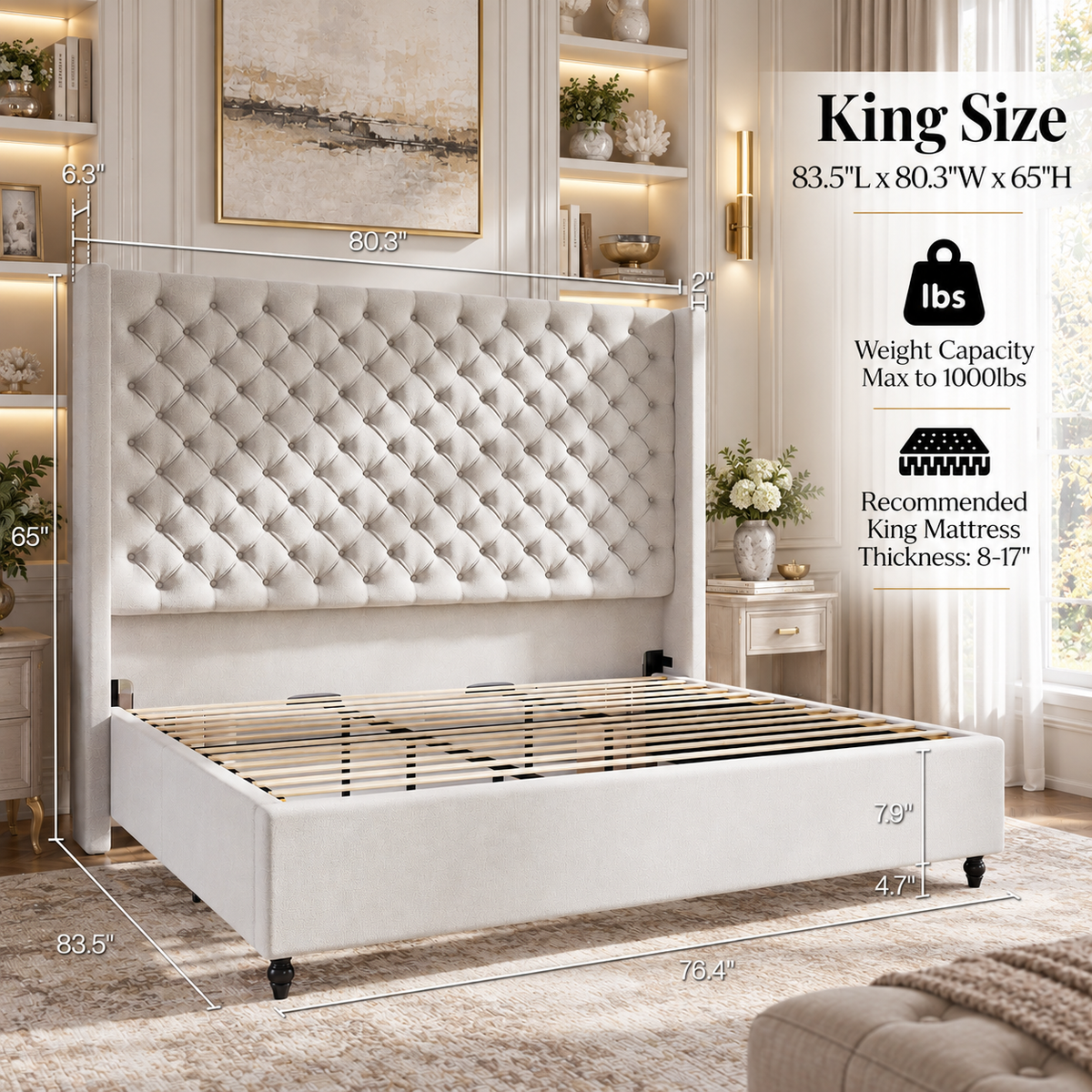 Cush Upholstered Bed Frame with Tall Wingback Headboard-King-Ash White