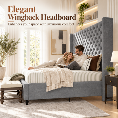 Cush Upholstered Bed Frame with Tall Wingback Headboard-California King-Grey