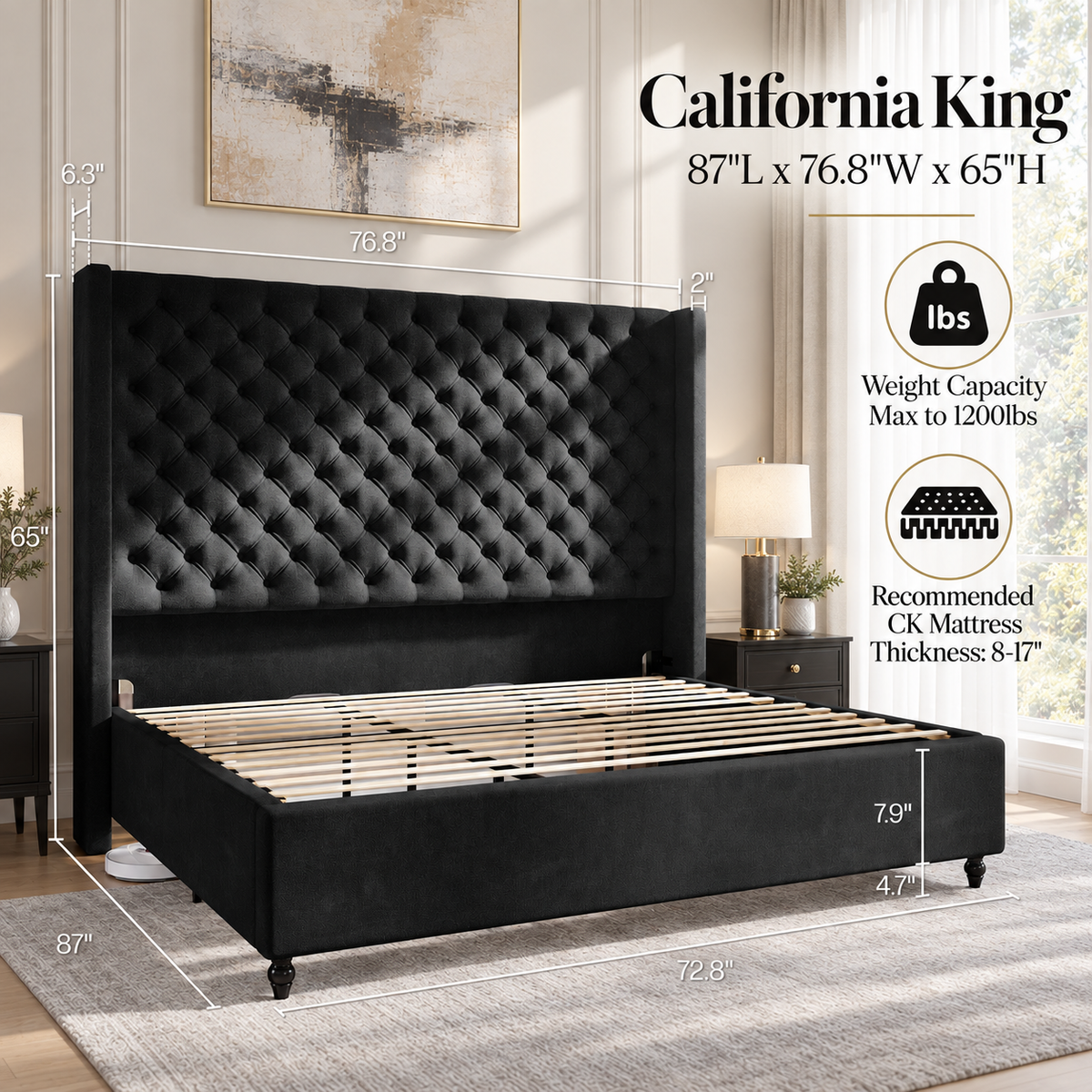 Cush Upholstered Bed Frame with Tall Wingback Headboard-California King-Black