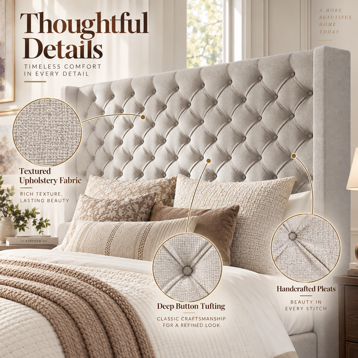 Cush Upholstered Bed Frame with Tall Wingback Headboard-King-Ash White