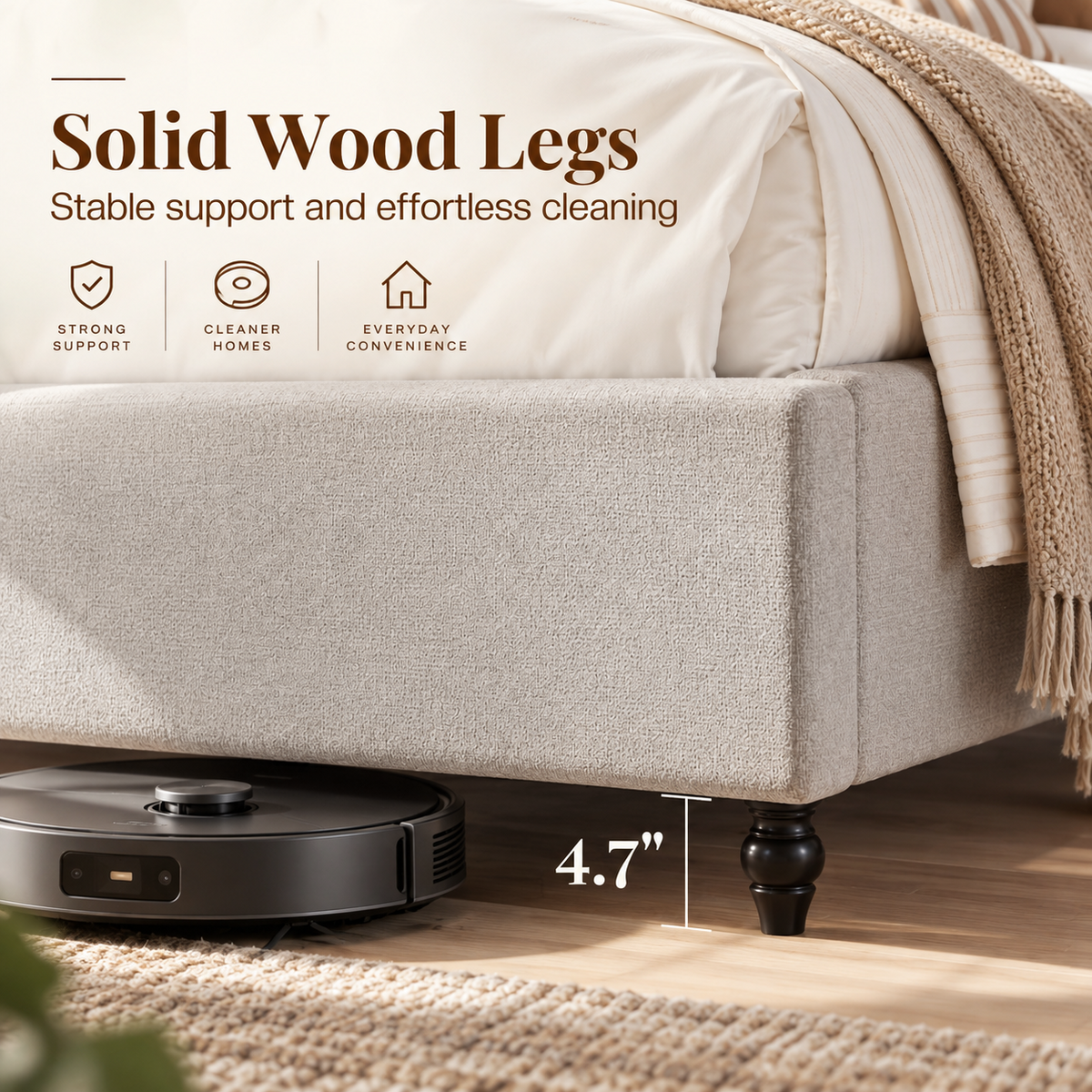 Cush Upholstered Bed Frame with Tall Wingback Headboard-Queen-Ash White