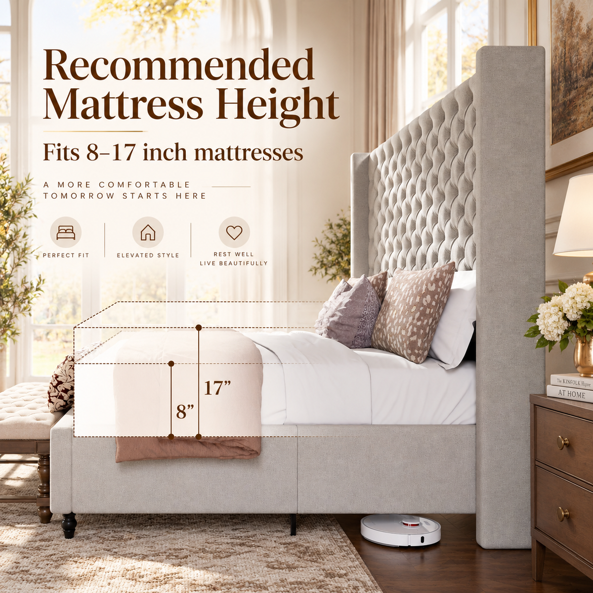 Cush Upholstered Bed Frame with Tall Wingback Headboard-Queen-Ash White
