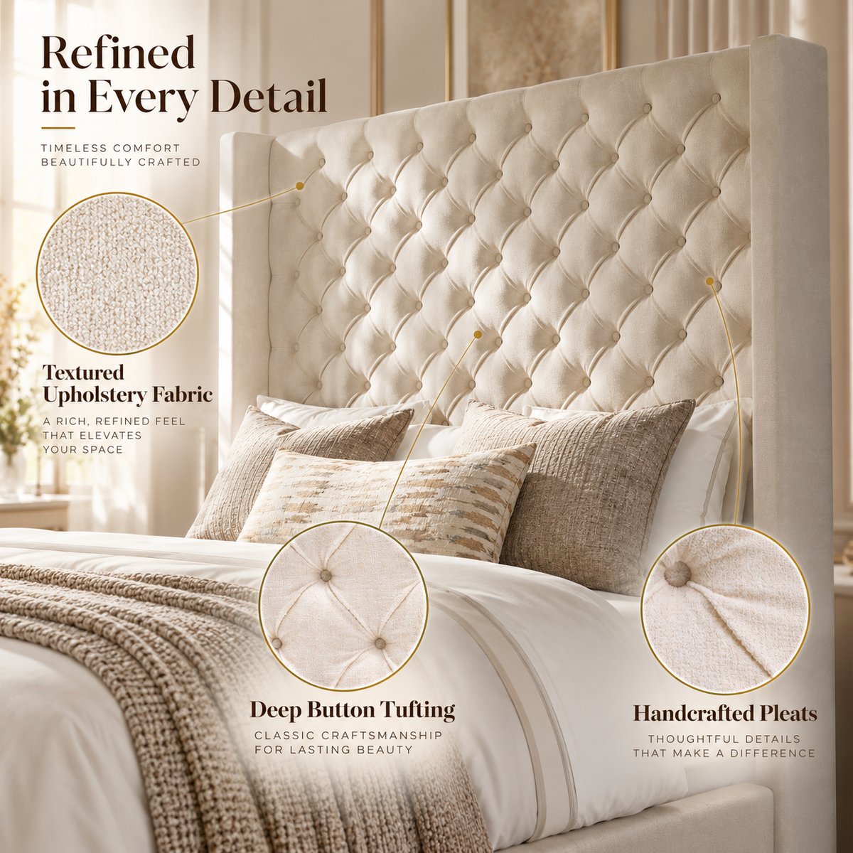 Cush Upholstered Bed Frame with Tall Wingback Headboard-California King-Cream