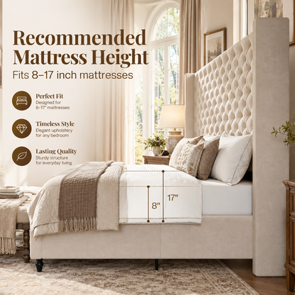 Cush Upholstered Bed Frame with Tall Wingback Headboard-California King-Cream