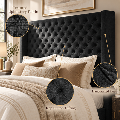 Cush Upholstered Bed Frame with Tall Wingback Headboard-Queen-Black
