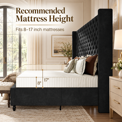 Cush Upholstered Bed Frame with Tall Wingback Headboard-California King-Black