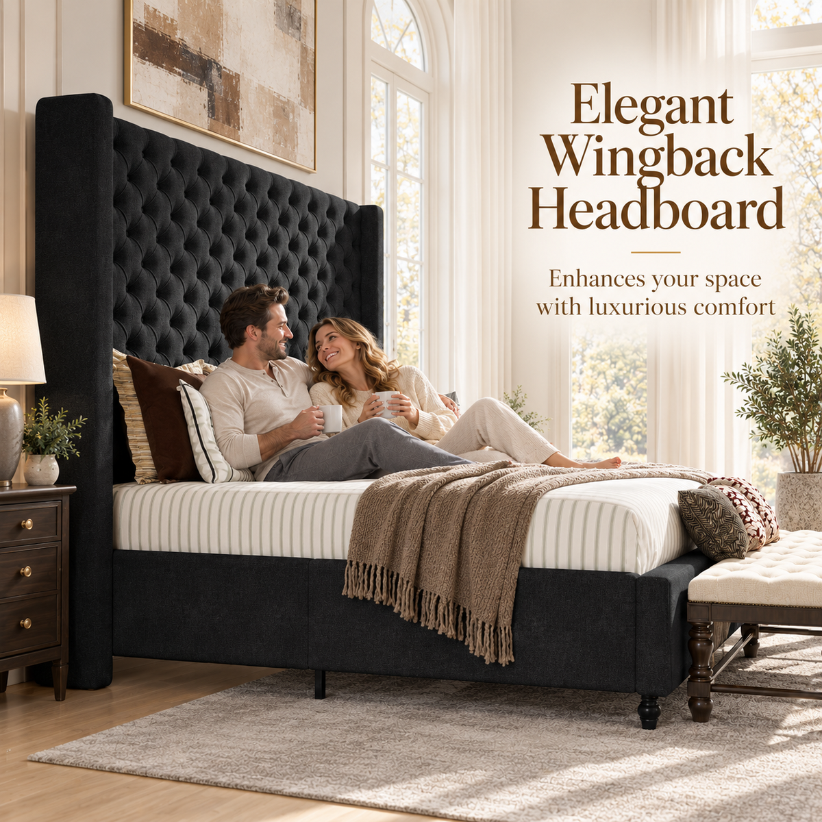 Cush Upholstered Bed Frame with Tall Wingback Headboard-King-Ash White