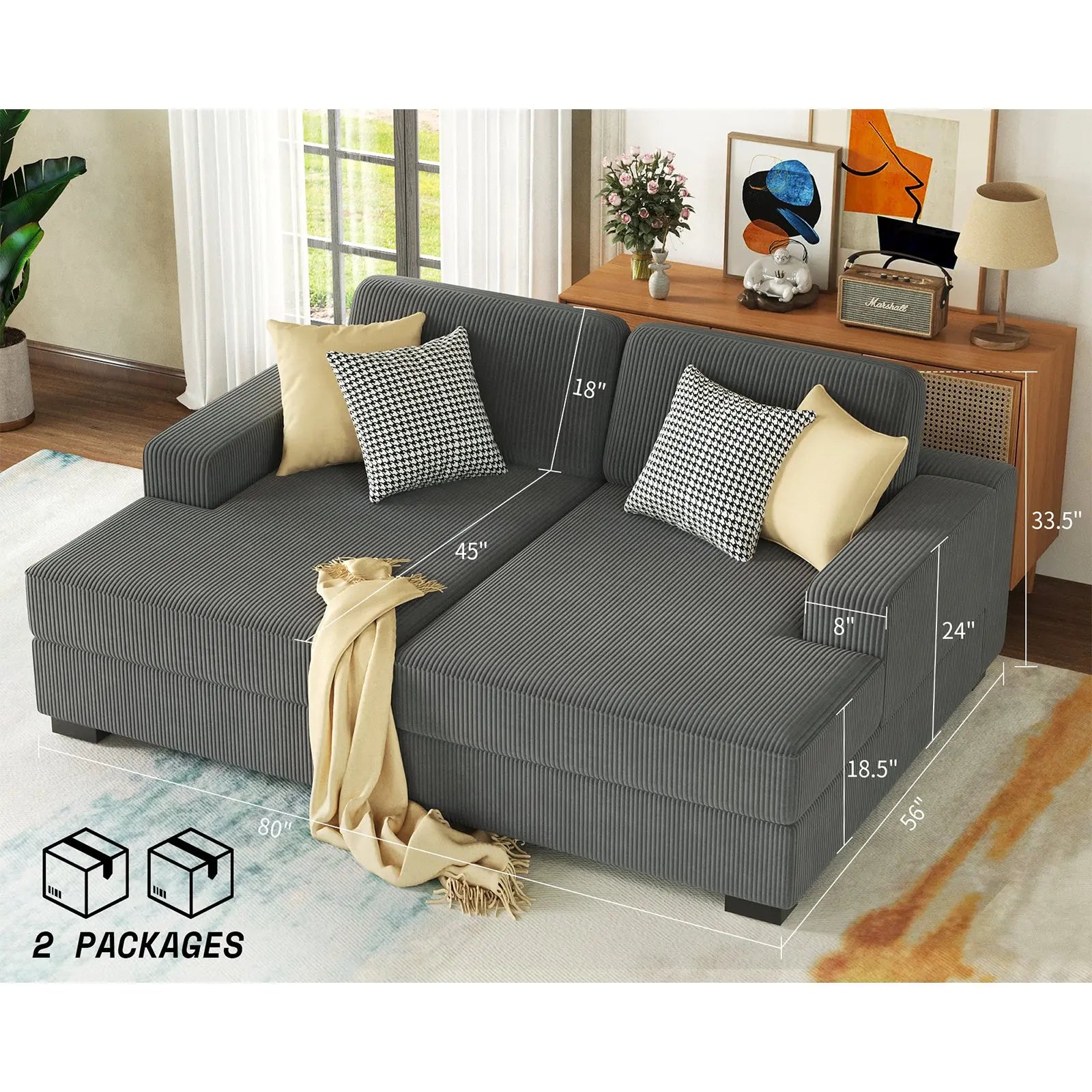 2-Piece Chaise Sofa / Corduroy Gray