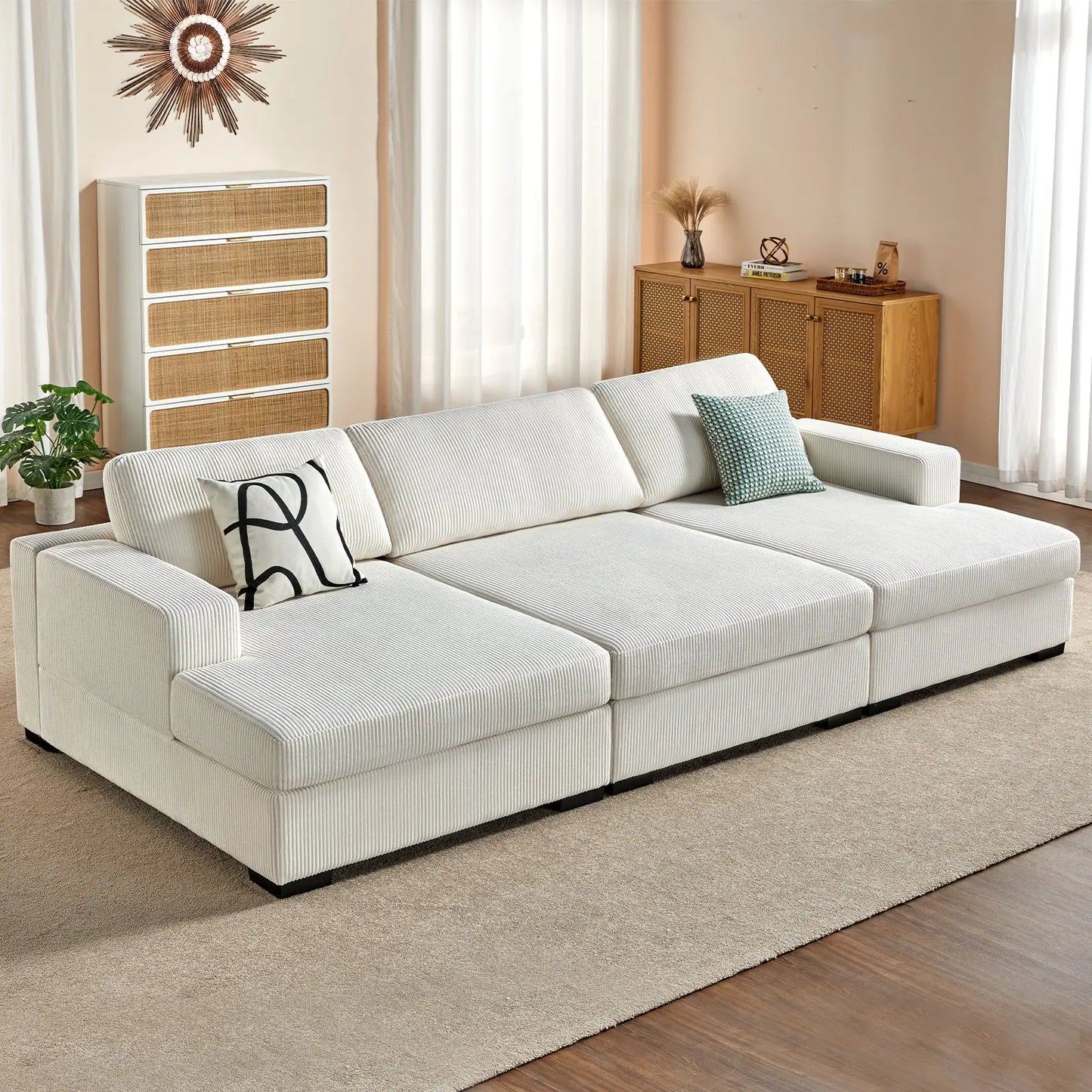 3-Piece Chaise Sofa / Corduroy White