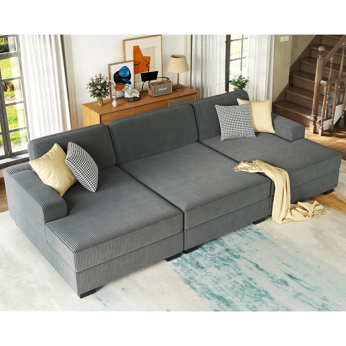 3-Piece Chaise Sofa / Corduroy Gray