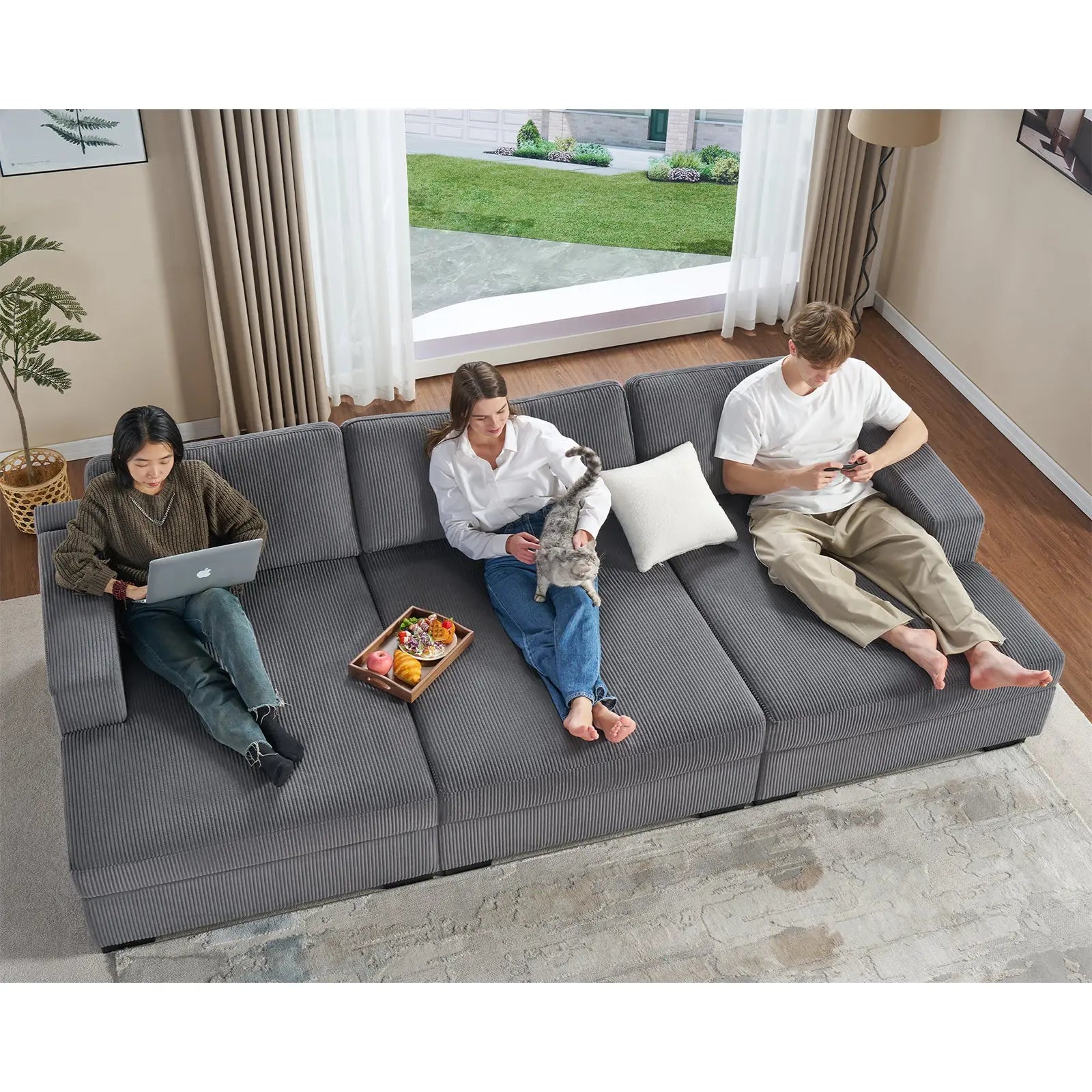 3-Piece Chaise Sofa / Corduroy Gray