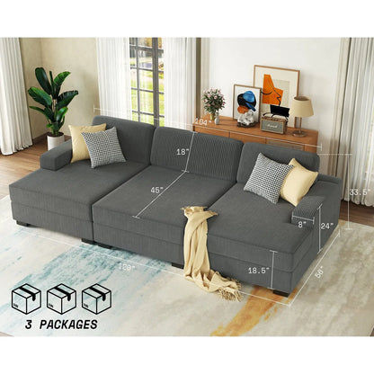 3-Piece Chaise Sofa / Corduroy Gray