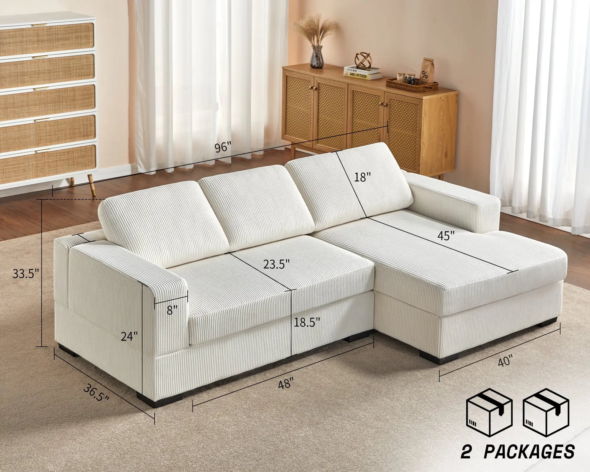 Right Single Chaise Sofa / Corduroy White